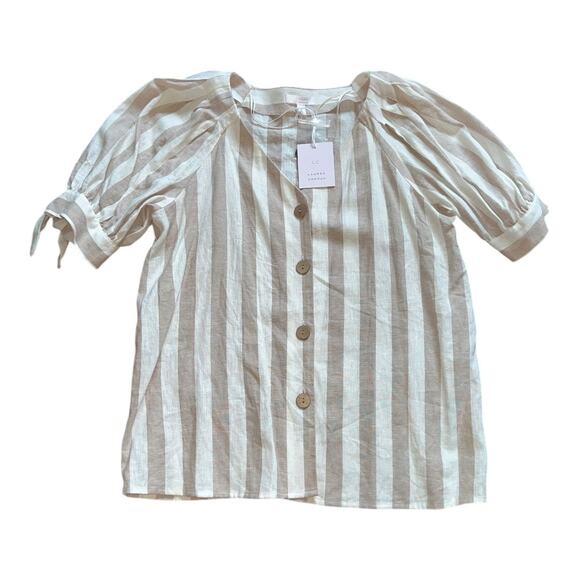 LC Lauren Conrad Knot-Sleeve Button-Front beige white striped Linen top NWT - Picture 4 of 9